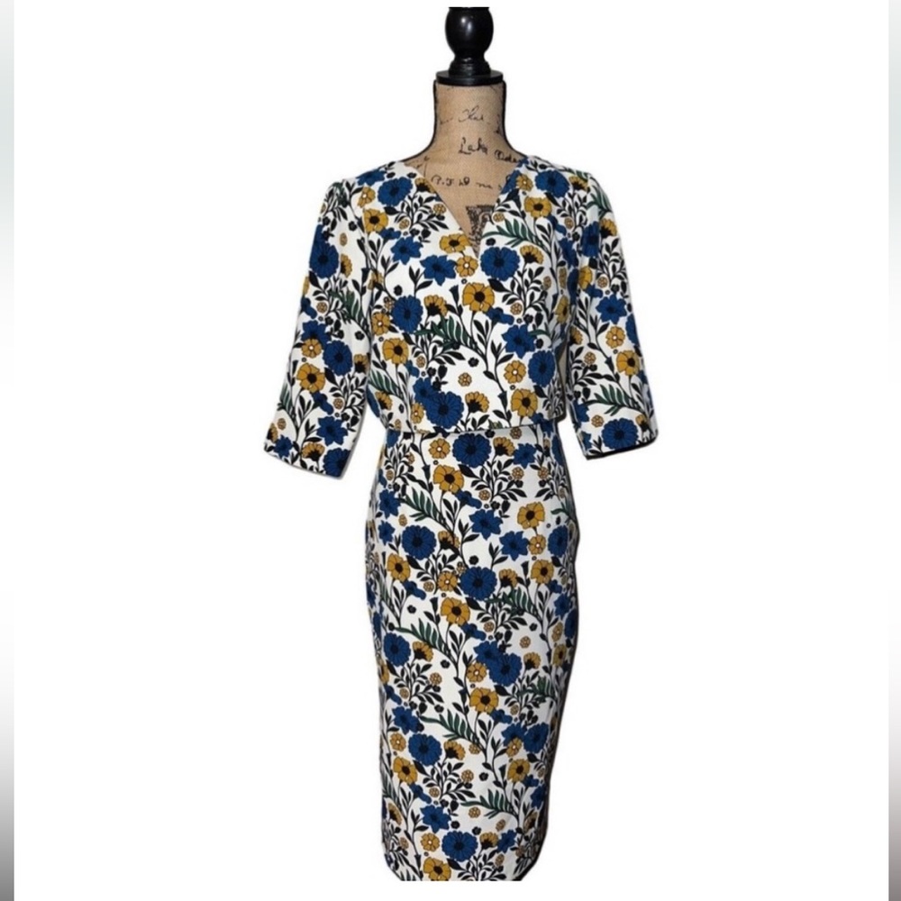 ZARA BLUE GREEN FLORAL ON IVORY 2 PIECE SKIRT & TOP CO-ORD SET SIZE L